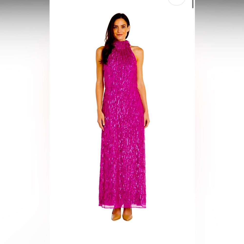NWT R&M Ricards Fuchsia Size XL (16) Sequin Halter Formal Dress